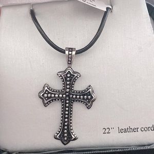 Stainless Steel Cross Pendant with 22” Leather Cord with adjustable clasp